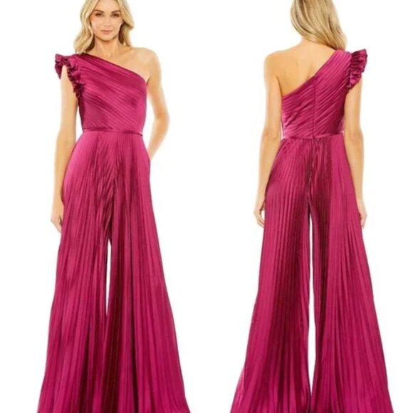 Mac Duggal Women's Ieena One Shoulder Charmeuse Heat Pleated Jumpsuit size 8